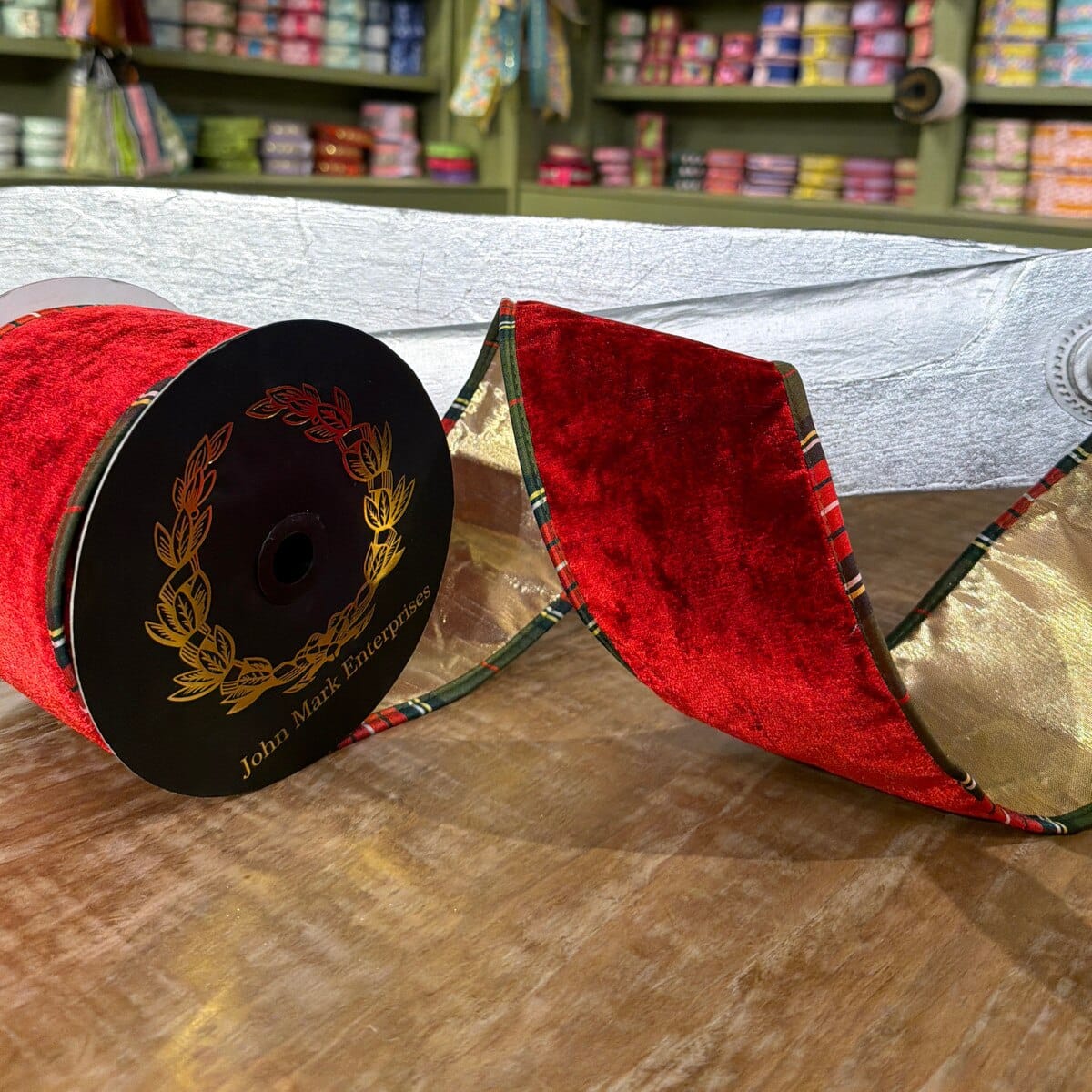 John Mark Ribbon - 4"X10YD - Red Velvet Metallic Dupion Plaid Piping John Mark JME-WN25-034-RED-4