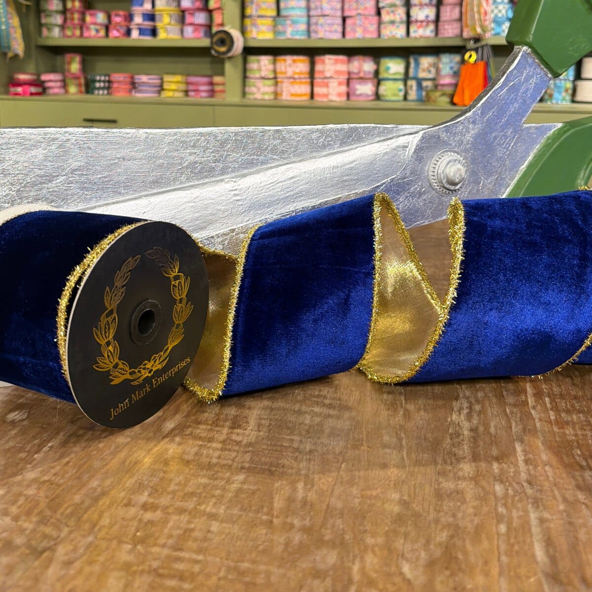 John Mark Ribbon - 4"x10yd - Velvet Metallic Dupion DBL Fused Tinsel Edge Blue John Mark JME-WN25-063-BLUE-4
