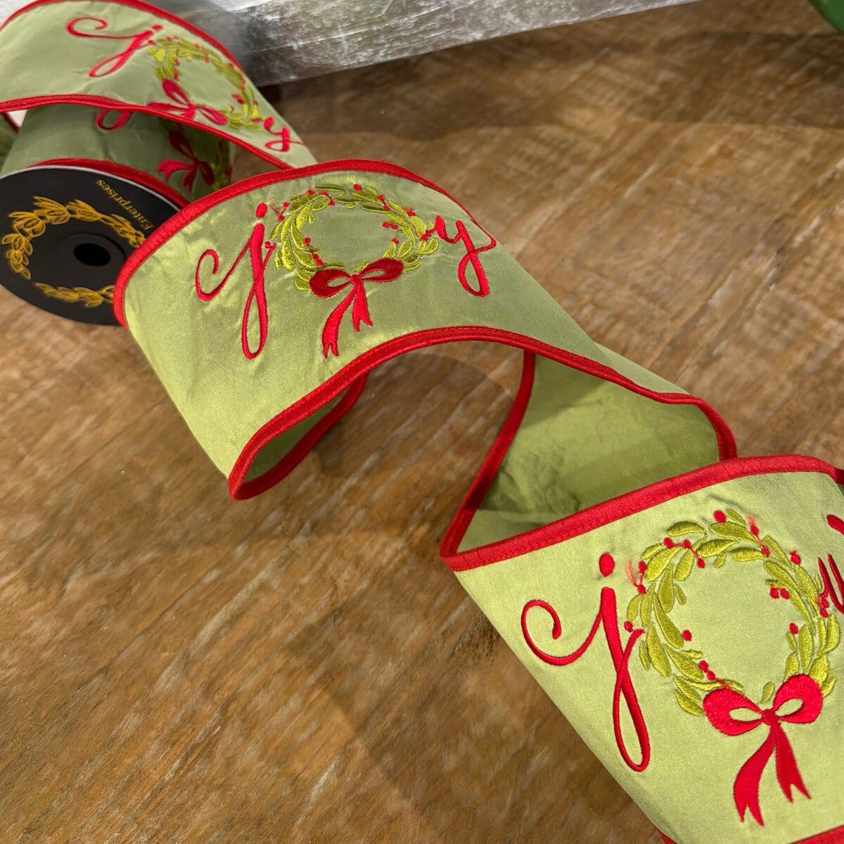 John Mark Ribbon - 4"x5yd - EMB Joy Wreath TAF John Mark JME-WN25-180-GRN/R-4