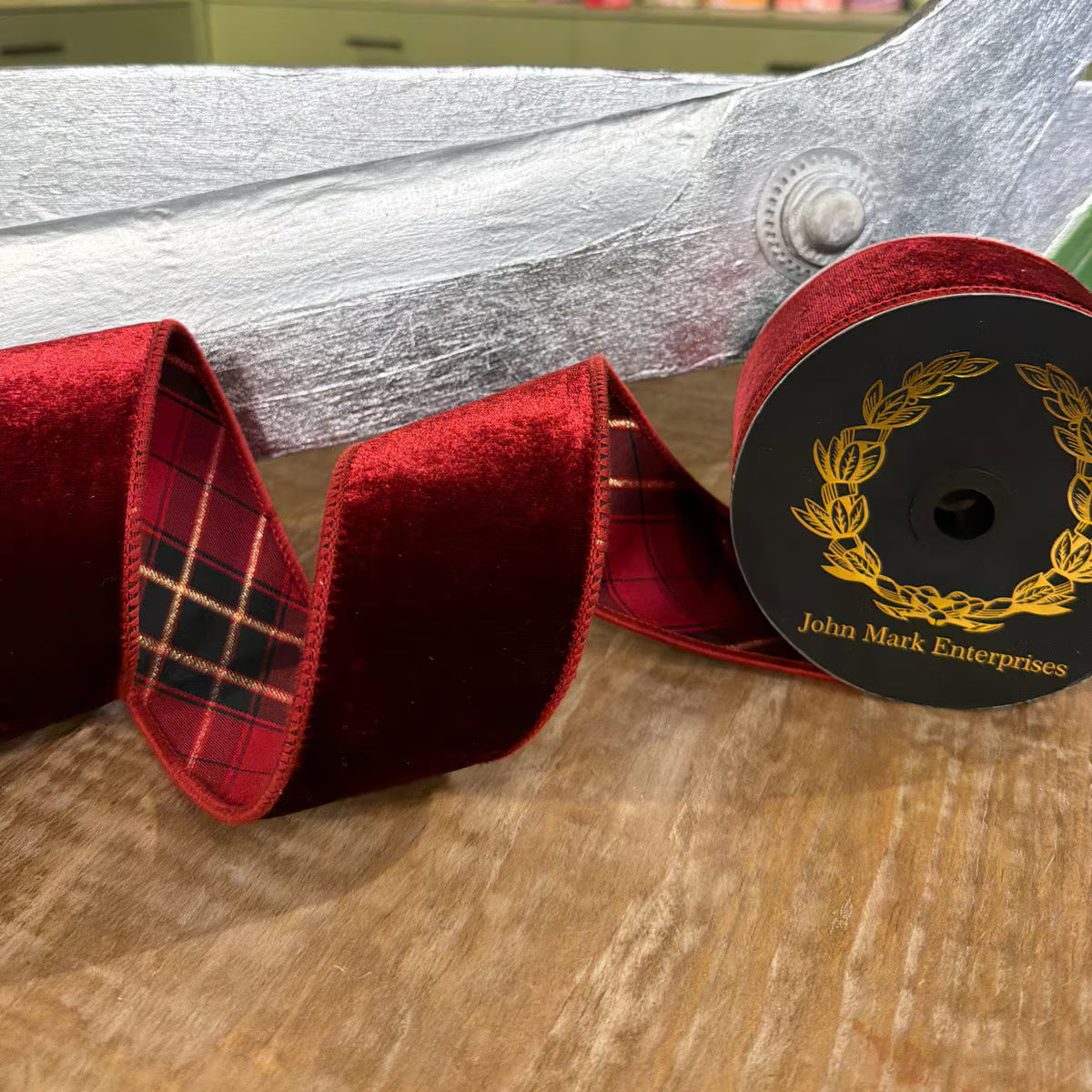 John Mark Ribbon -Burgundy Velvet Plaid Trim DBL Fused-2.5x10yd John Mark JME-WN25-058-BURG-2.5