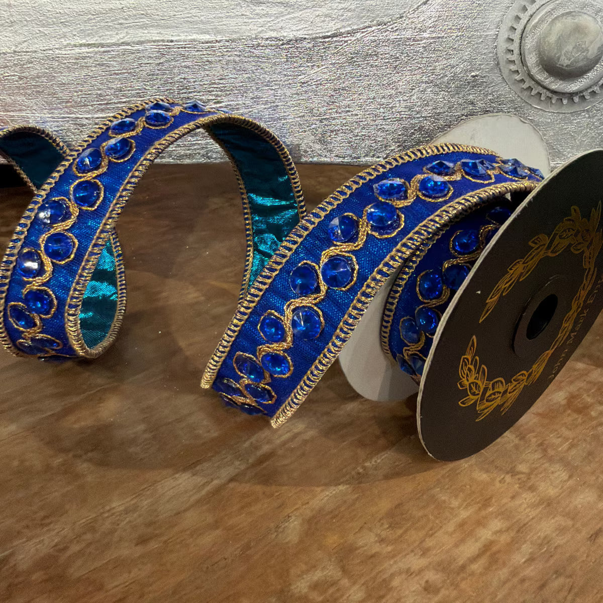 John Mark Ribbon -Jeweled Trim Metallic Dupion Blue-1x5yd John Mark JME-WN25-028-BLUE-1