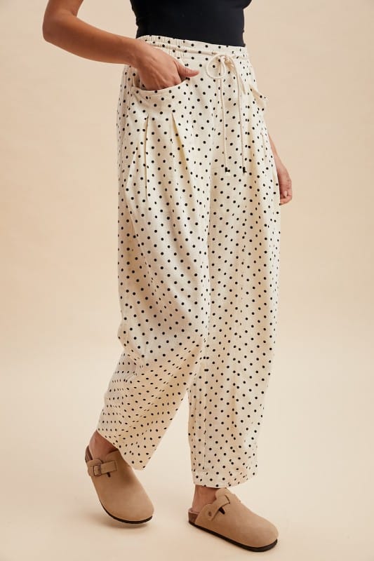 Linen Blend Polka Dot Barrel Leg Pants AnnieWear