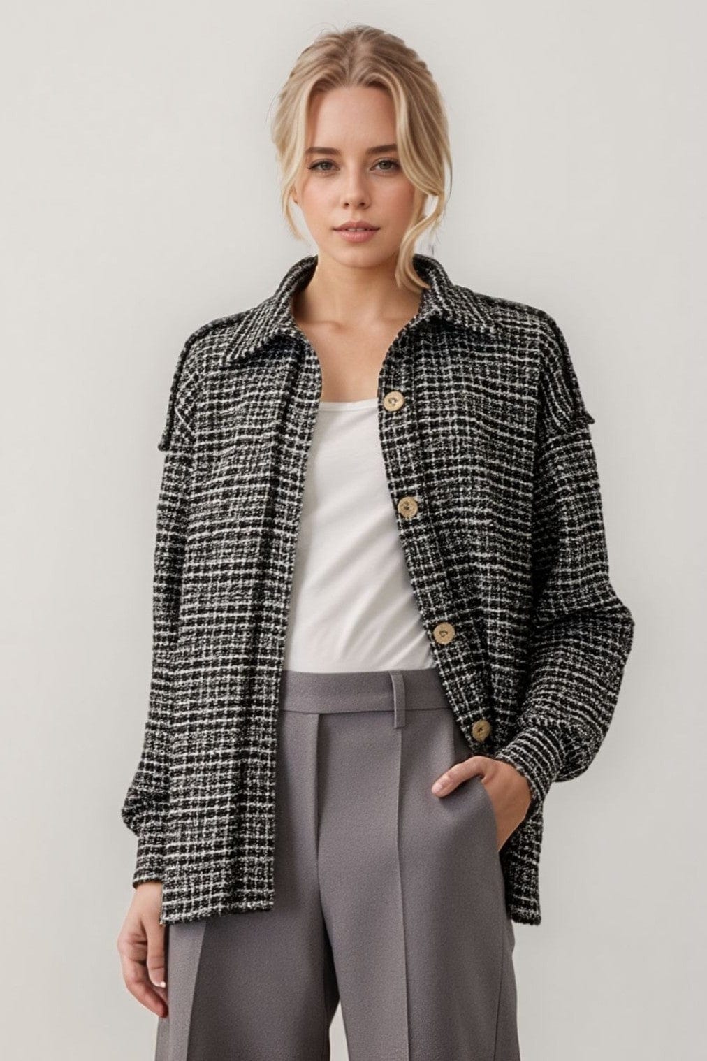LONG PUFF SLEEVE BOUCLE SHACKET BLACK HEMISH