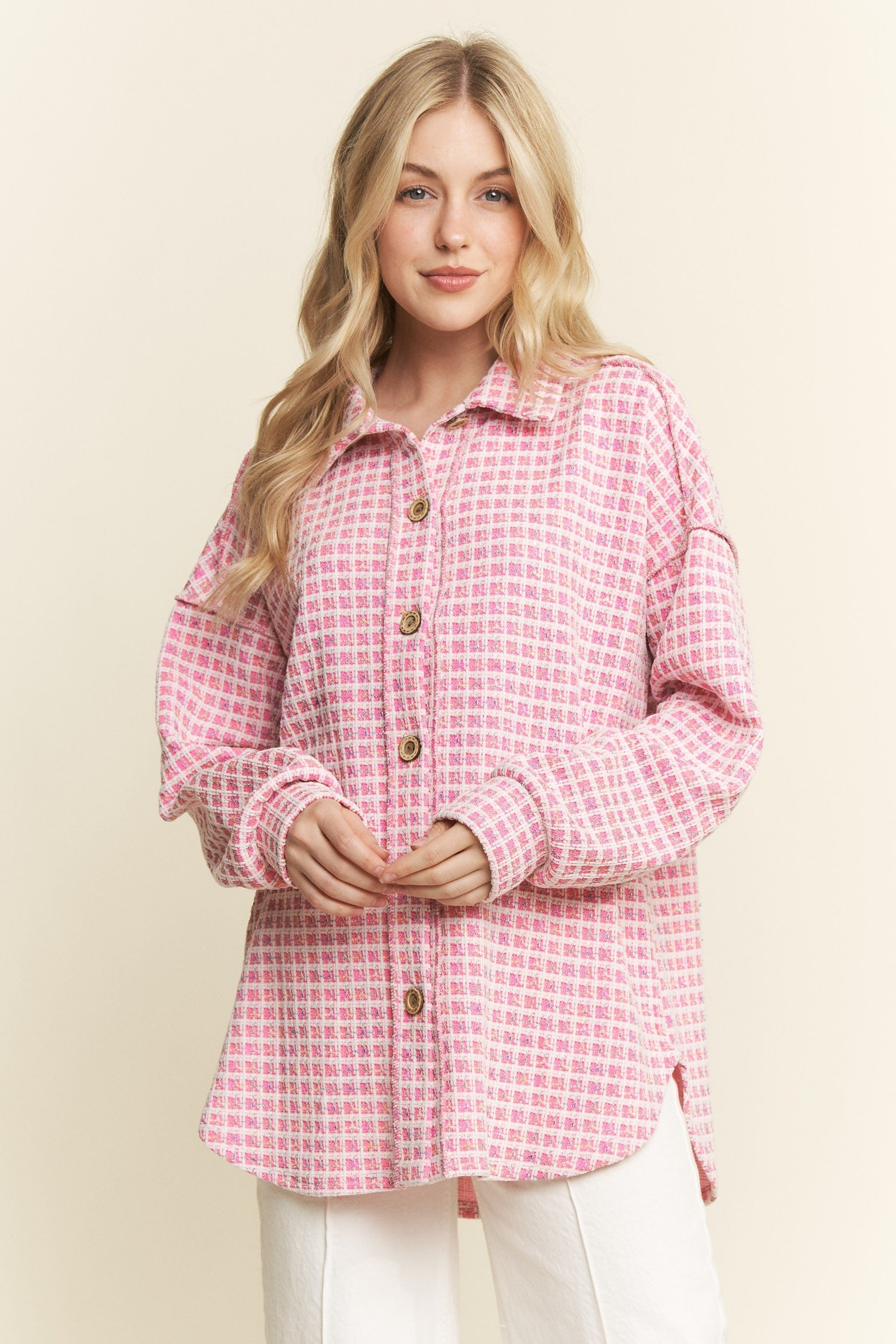 LONG PUFF SLEEVE BOUCLE SHACKET-FUSCHIA HEMISH