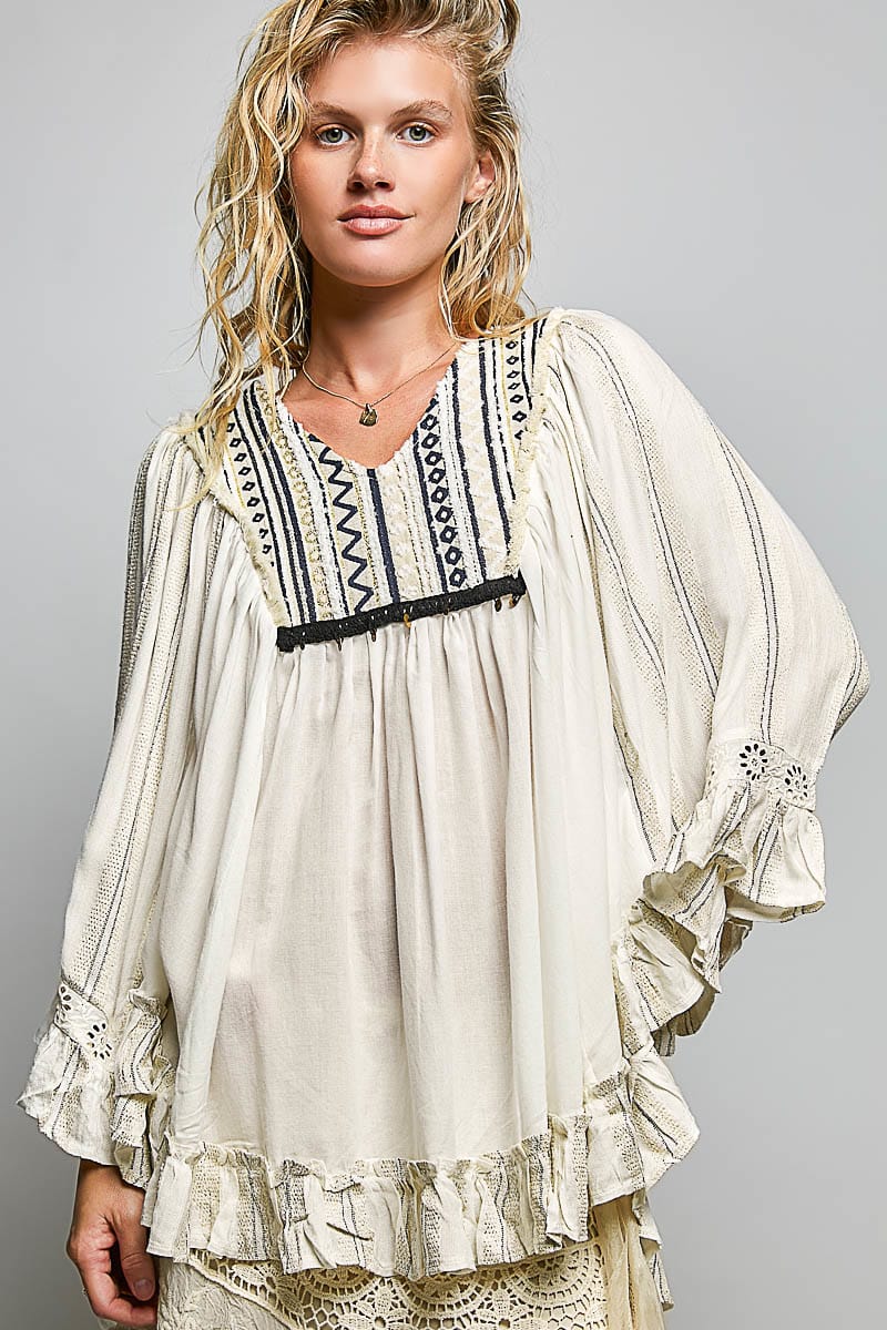 Long-sleeve Poncho-style Top-NATURAL POL S SMQC31