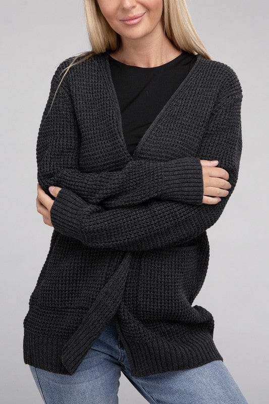 Low Gauge Waffle Open Cardigan Sweater ZENANA CHARCOAL / XL 1000001815495