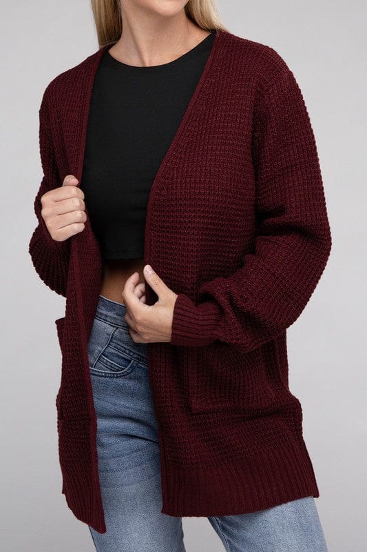 Low Gauge Waffle Open Cardigan Sweater ZENANA DK BURGUNDY / XL 1000001815503