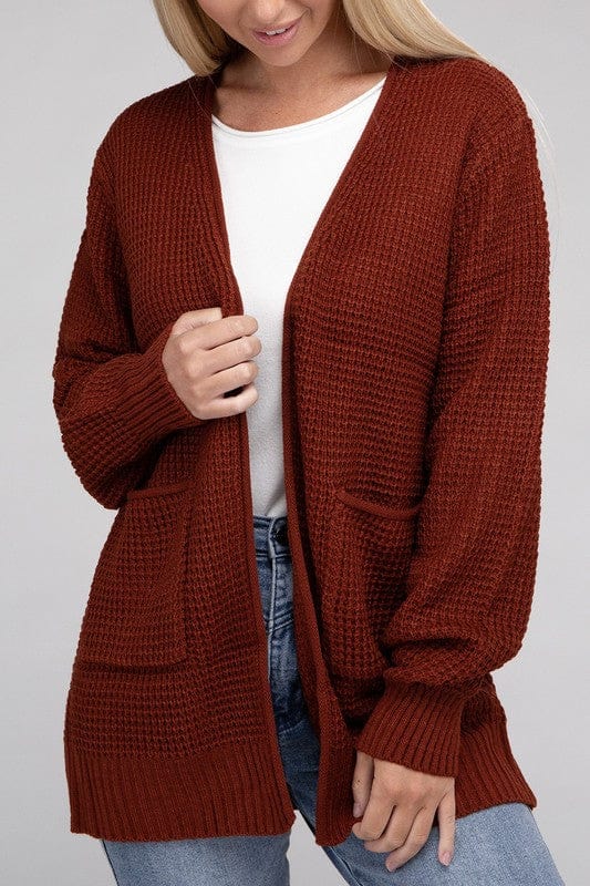 Low Gauge Waffle Open Cardigan Sweater ZENANA DK RUST / S 1000001815512