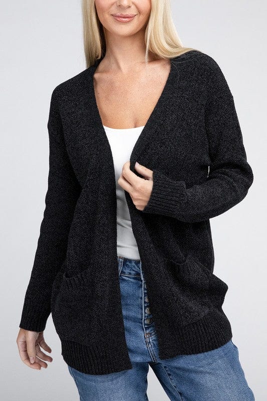 Melange Open Front Sweater Cardigan ZENANA BLACK / S 1000001821640