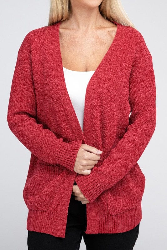 Melange Open Front Sweater Cardigan ZENANA DK RED / S 1000001821644