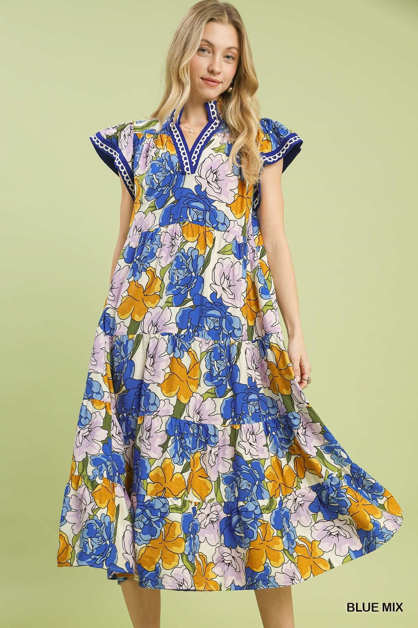 Mix Bold Floral Tiered Midi Dress Umgee