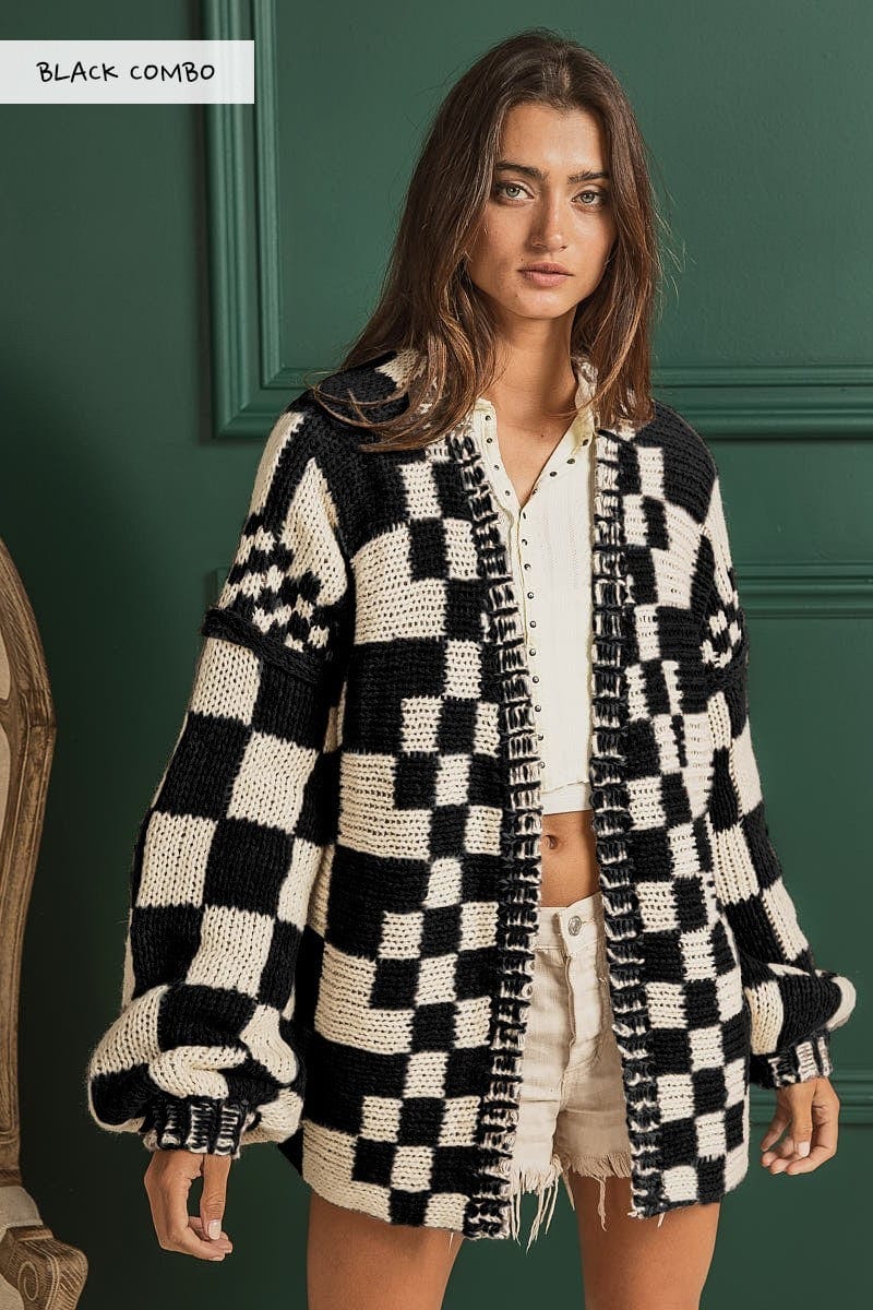 Mixed Check Pattern Loose Fit Chunky Cardigan-Black Combo Bibi