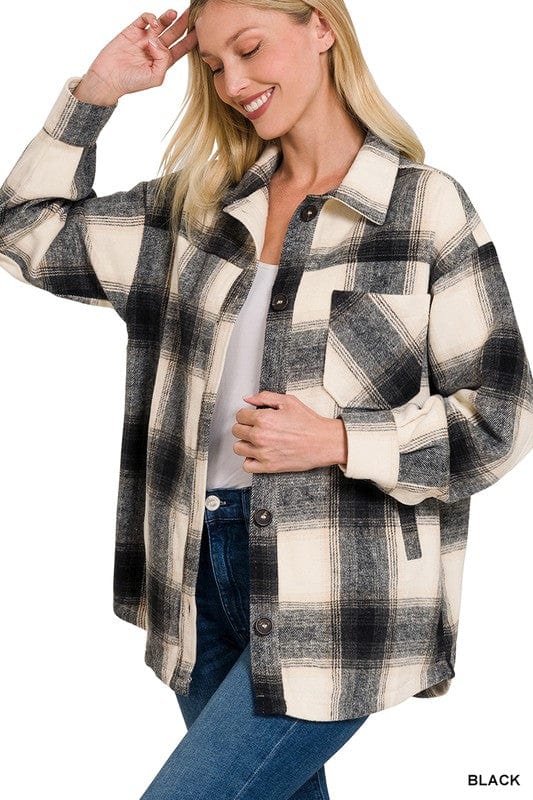 Oversized Yarn Dyed Plaid Longline Shacket ZENANA BLACK / S 1000001759551