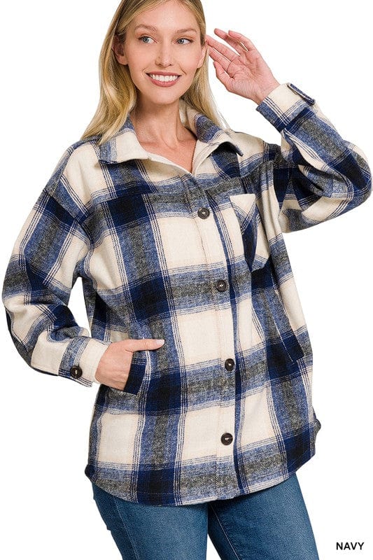 Oversized Yarn Dyed Plaid Longline Shacket ZENANA NAVY / S 1000001759575