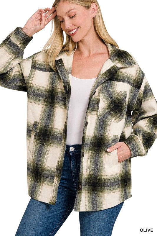 Oversized Yarn Dyed Plaid Longline Shacket ZENANA OLIVE / S 1000001759579