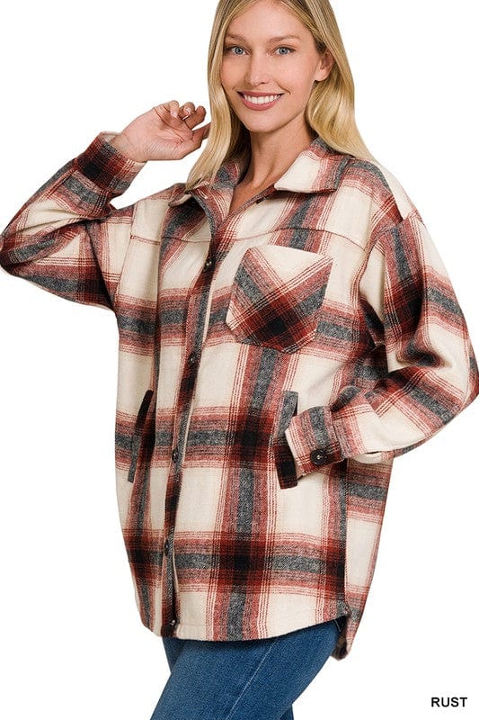 Oversized Yarn Dyed Plaid Longline Shacket ZENANA RUST / S 1000001759583