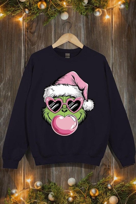 Pink Blowing Bubble Grinch Graphic Sweatshirts Color Bear BLACK / S 2000002381521