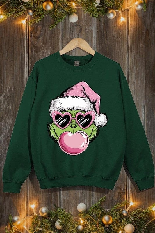 Pink Blowing Bubble Grinch Graphic Sweatshirts Color Bear FOREST GREEN / S 2000002381565