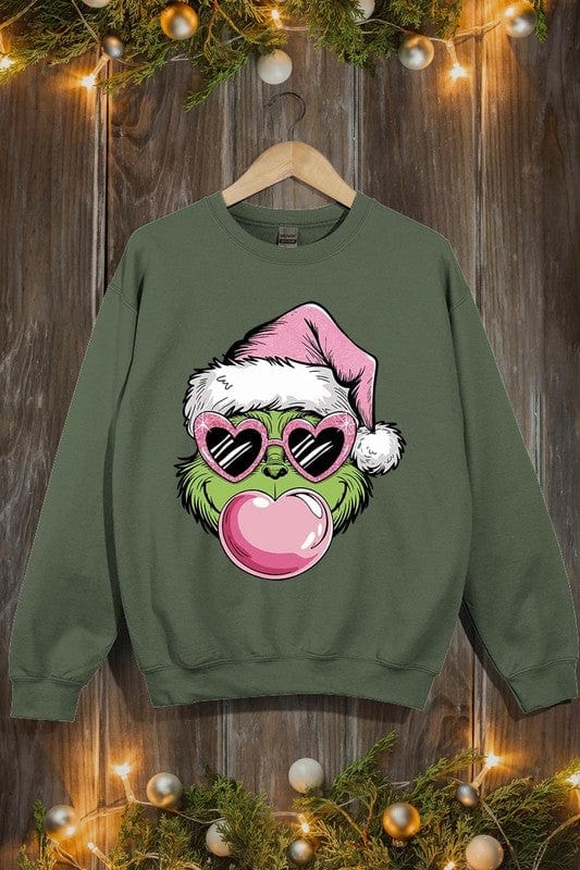 Pink Blowing Bubble Grinch Graphic Sweatshirts Color Bear MILITARY GREEN / S 2000002381533