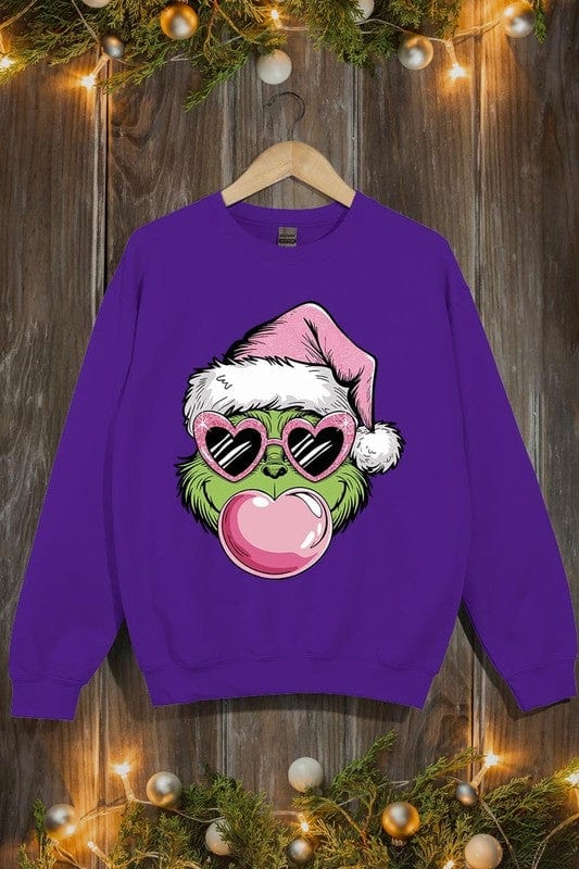 Pink Blowing Bubble Grinch Graphic Sweatshirts Color Bear PURPLE / S 2000002381541