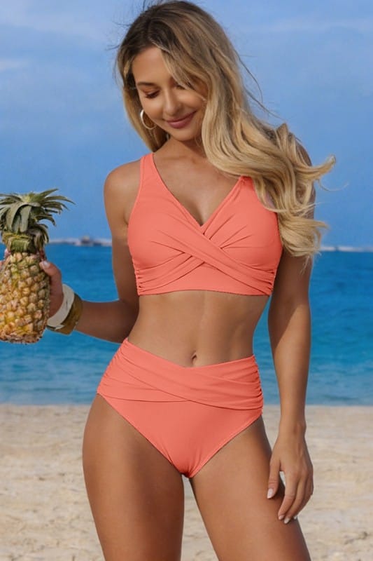 Pink Wrap Front High Waist Bikini 2pc Set Orange AIWEE