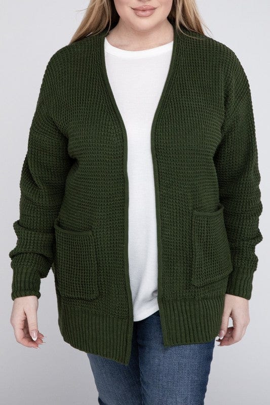 Plus Low Gauge Waffle Open Cardigan Sweater ZENANA ARMY GREEN / 1X 1000001917880