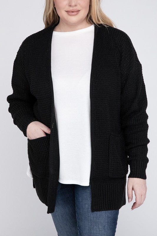 Plus Low Gauge Waffle Open Cardigan Sweater ZENANA BLACK / 1X 1000001917925