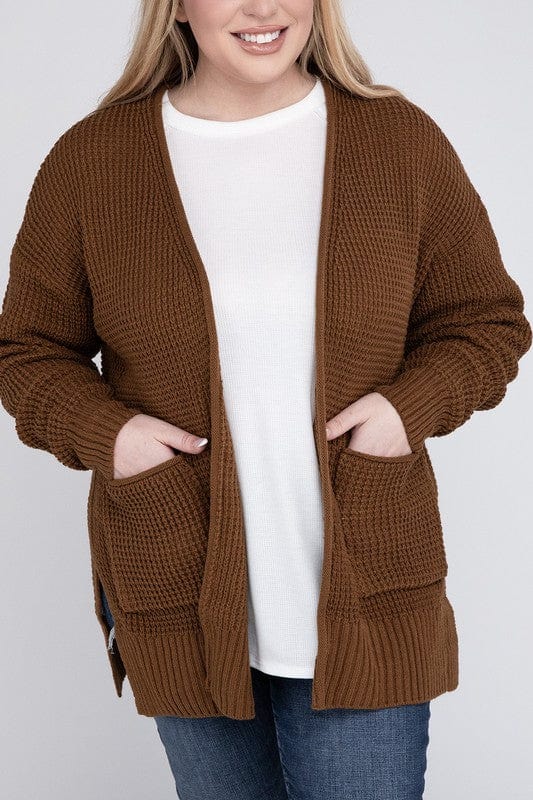 Plus Low Gauge Waffle Open Cardigan Sweater ZENANA DK CAMEL / 1X 1000001917892