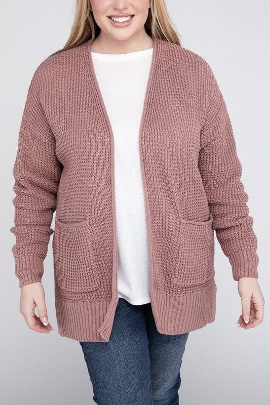 Plus Low Gauge Waffle Open Cardigan Sweater ZENANA LT ROSE / 1X 1000001917901