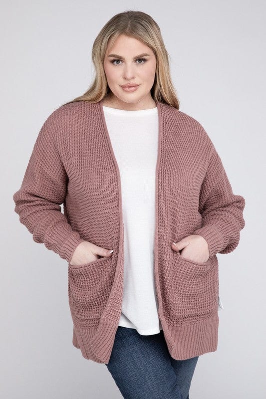 Plus Low Gauge Waffle Open Cardigan Sweater ZENANA