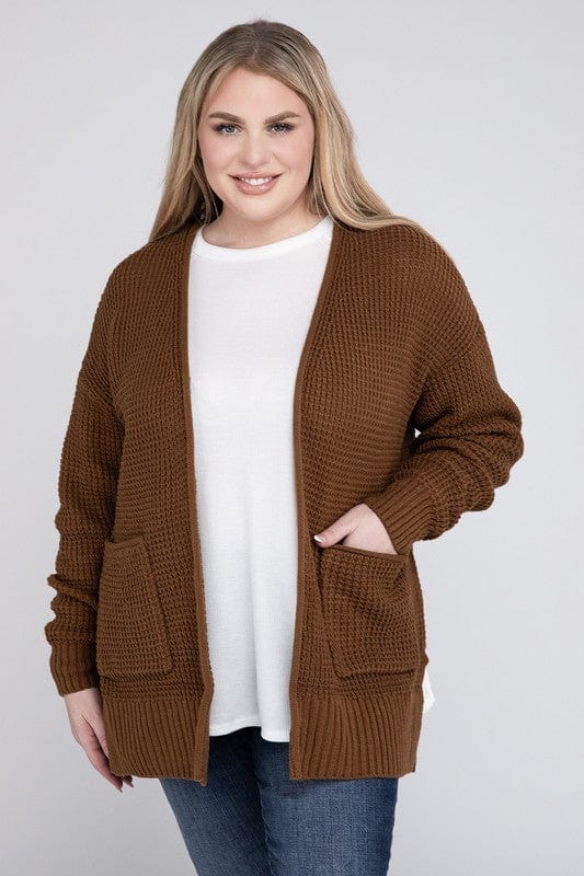 Plus Low Gauge Waffle Open Cardigan Sweater ZENANA