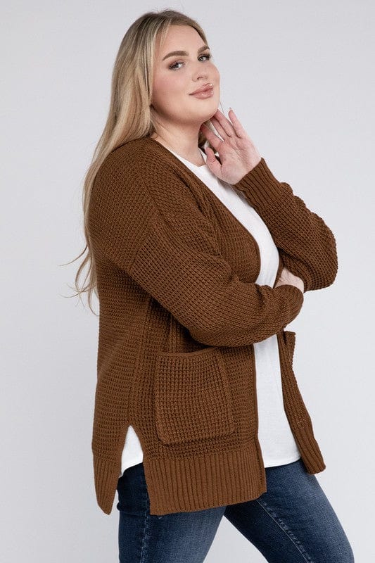 Plus Low Gauge Waffle Open Cardigan Sweater ZENANA