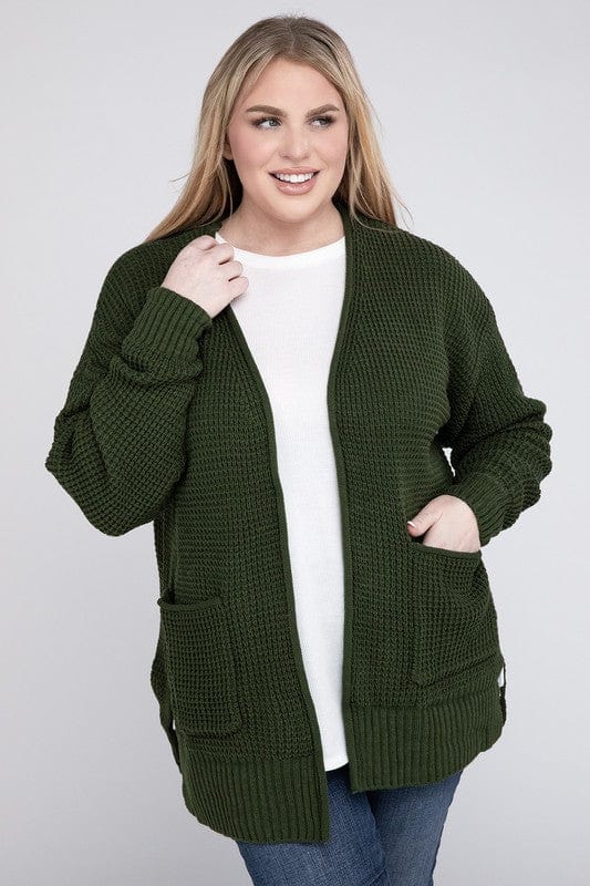 Plus Low Gauge Waffle Open Cardigan Sweater ZENANA