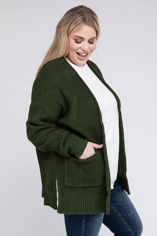 Plus Low Gauge Waffle Open Cardigan Sweater ZENANA