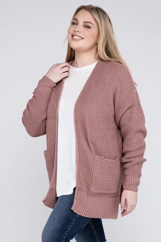 Plus Low Gauge Waffle Open Cardigan Sweater ZENANA