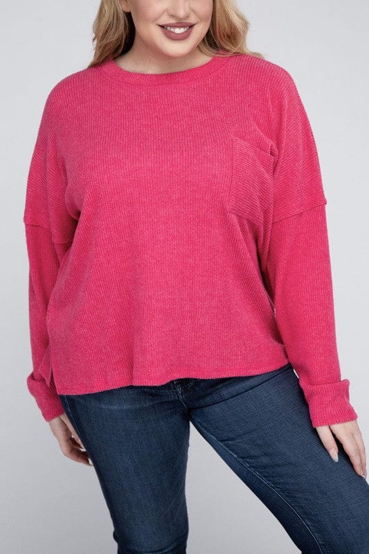 Plus Ribbed Brushed Melange Hacci Sweater ZENANA FUCHSIA / 1X 1000001827833