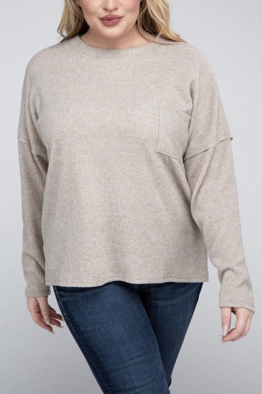 Plus Ribbed Brushed Melange Hacci Sweater ZENANA H MOCHA / 1X 1000001827839