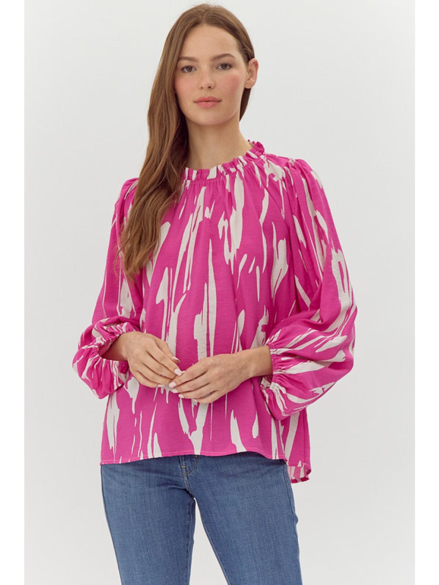 Print top with stretch-band neckline-PINK JODIFL