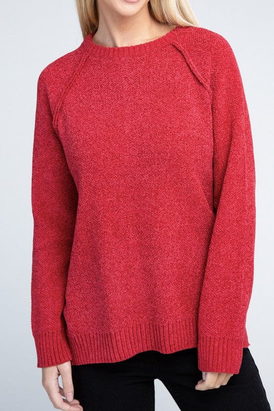 Raglan Chenille Sweater ZENANA DK RED / S 1000001839930