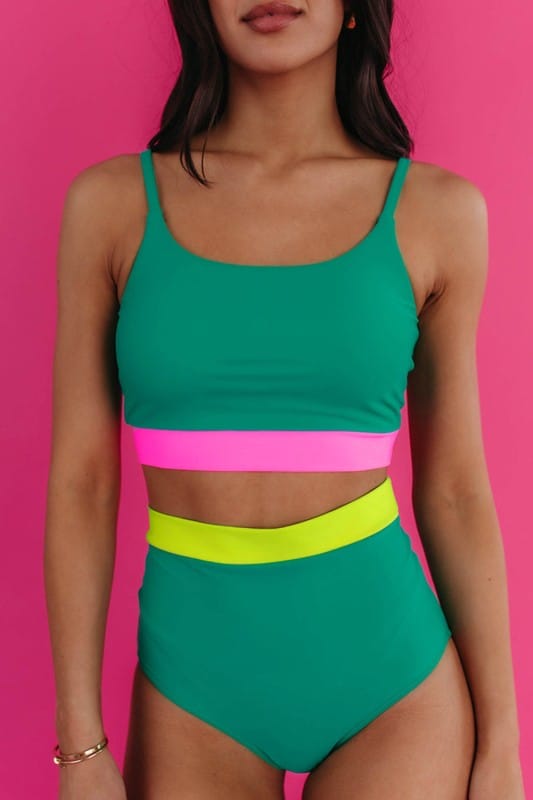 Sea Green Contrast Trim Colorblock Patchwork High Waisted Bikini AIWEE