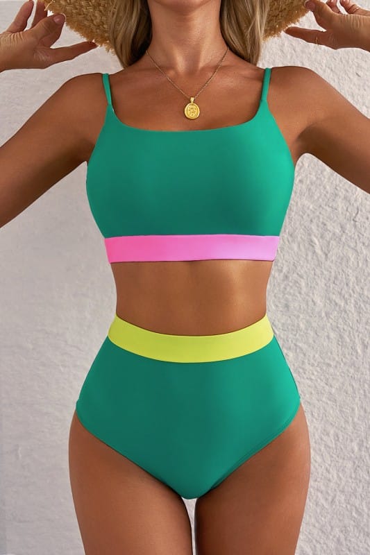 Sea Green Contrast Trim Colorblock Patchwork High Waisted Bikini AIWEE