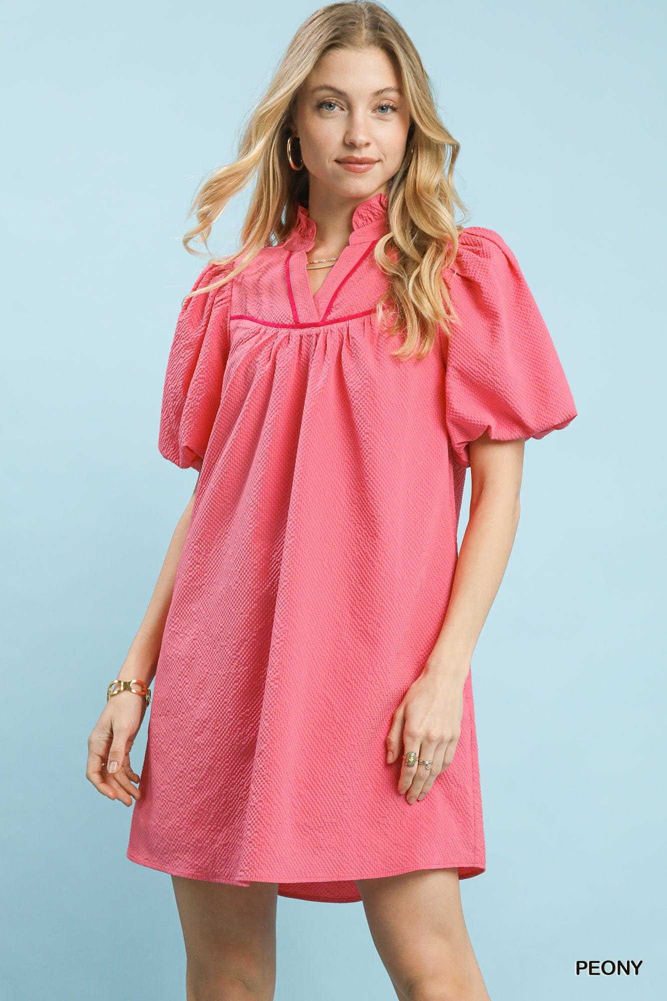 Seersucker Puff Sleeve Dress Umgee