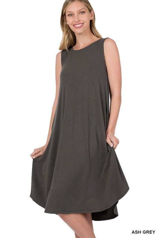 Sleeveless Round Neck Round Hem Midi Dress ZENANA ASH GREY / S 1000001468933