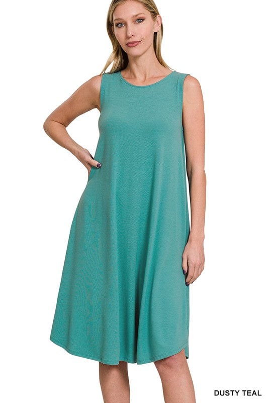 Sleeveless Round Neck Round Hem Midi Dress ZENANA DUSTY TEAL / S 1000001468945