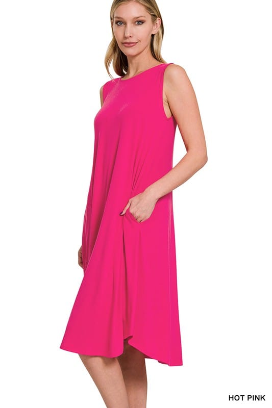 Sleeveless Round Neck Round Hem Midi Dress ZENANA HOT PINK / S 1000001468949