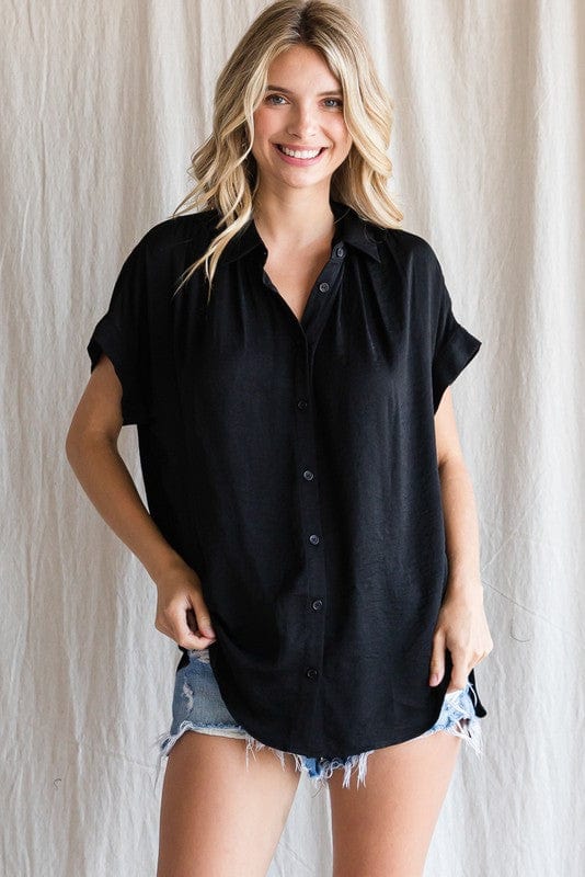 Solid Collared Button Up Top-BLACK Shirleys of Collins