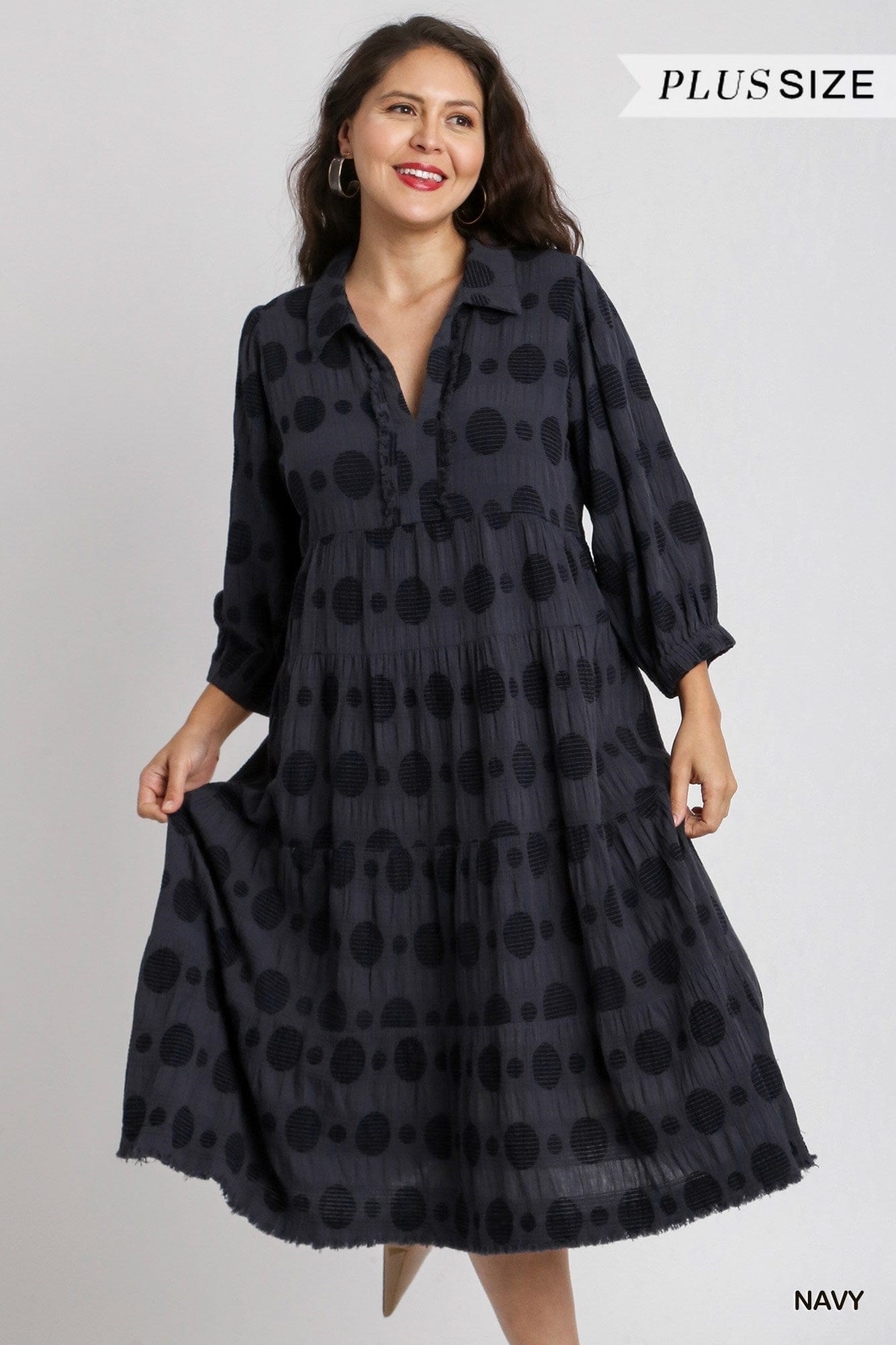 Solid Dotted V-Neck Collared Tiered Midi Dress with Long Balloon Sleeves UMGEE