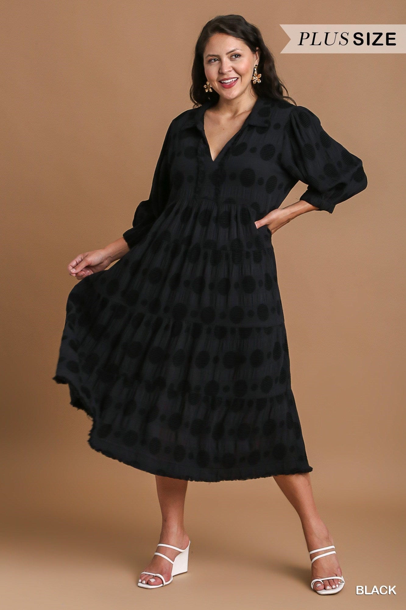 Solid Dotted V-Neck Collared Tiered Midi Dress with Long Balloon Sleeves UMGEE