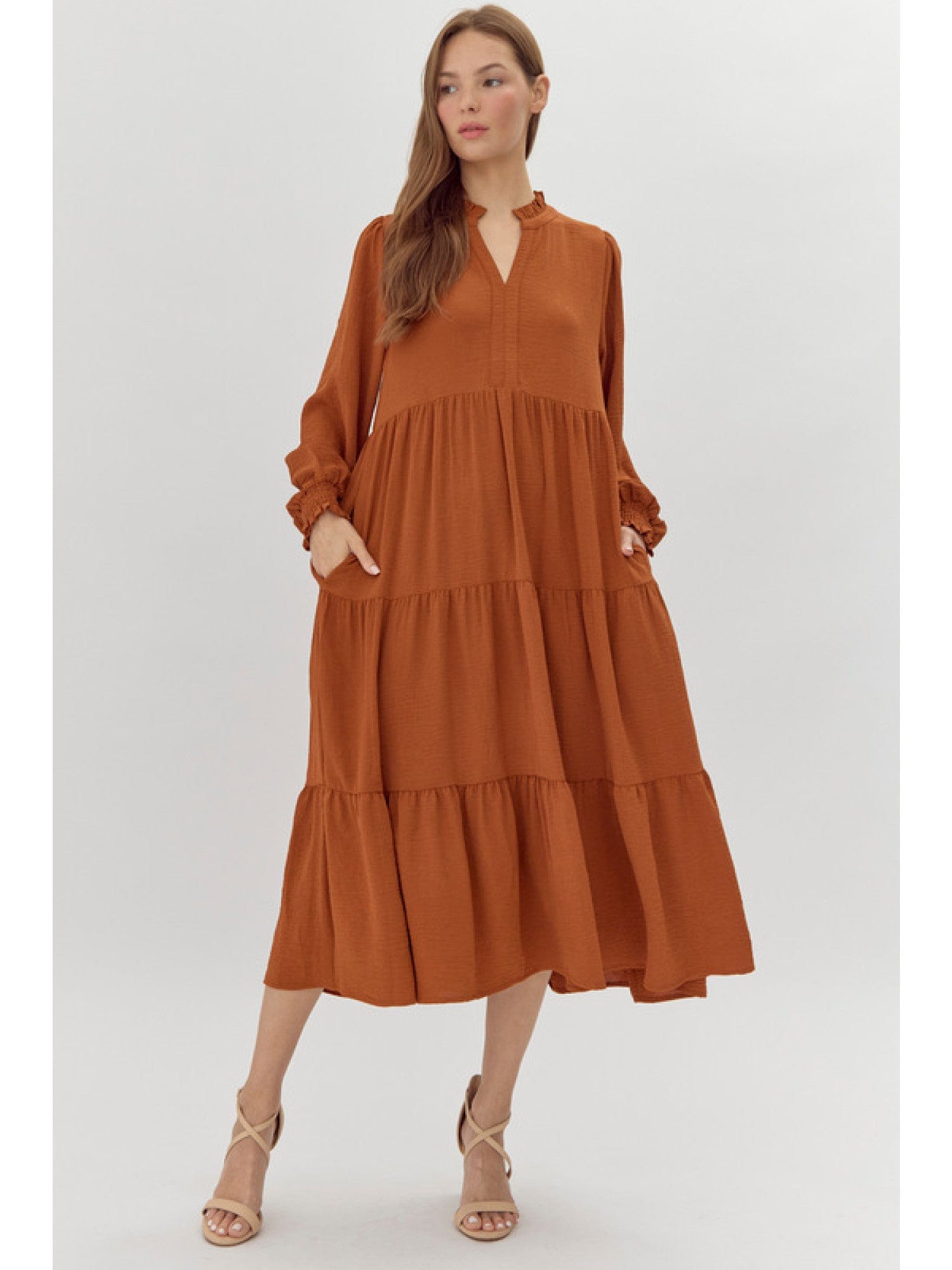 Solid Midi Dress-Toffee JODIFL