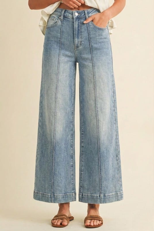 Stretch High Rise Pin Tuck Detail Wide Leg Jean AnnieWear